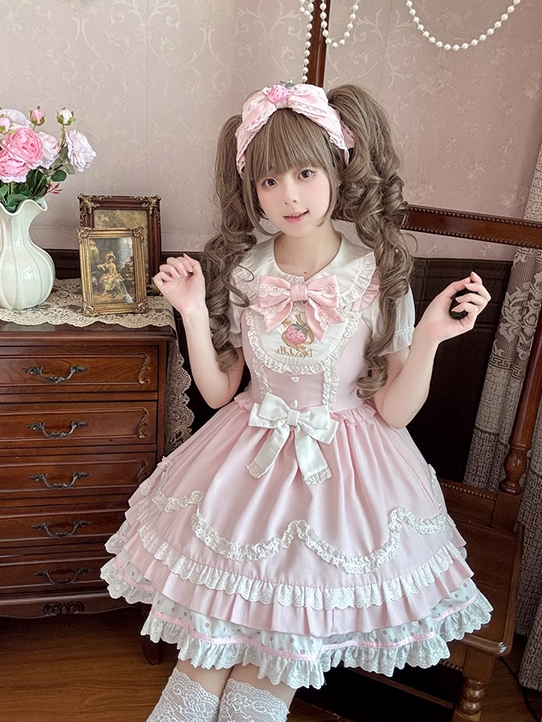 Peter Pan Collar Puff Sleeves Lolita Blouse Pink Bowknot White