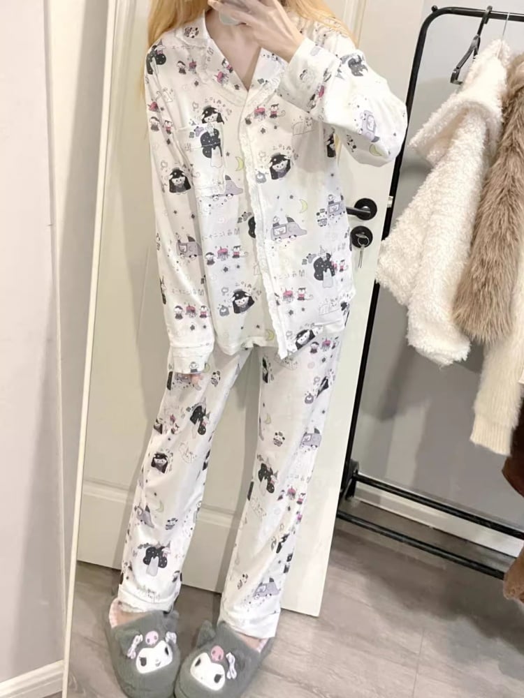 Weißes Pyjama-Set mit Cartoon-Motiv und Spitzenbesatz