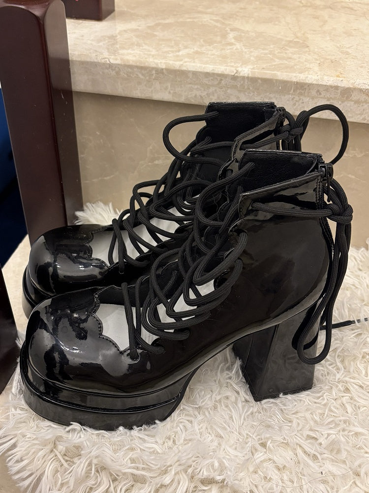 ブラックヒール ゴシック ラップアラウンド ロリータ ハイアンクルストラップ