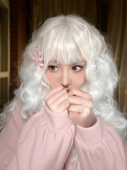 ウェーブロングホワイトフルウィッグ（前髪70cm）