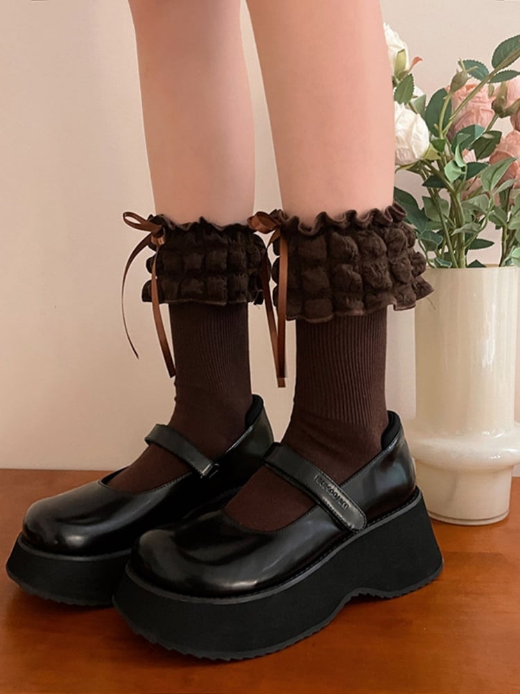 Ribbon Ruffle Decoration White/Black/Brown with Bow Socks Puffy Lolita