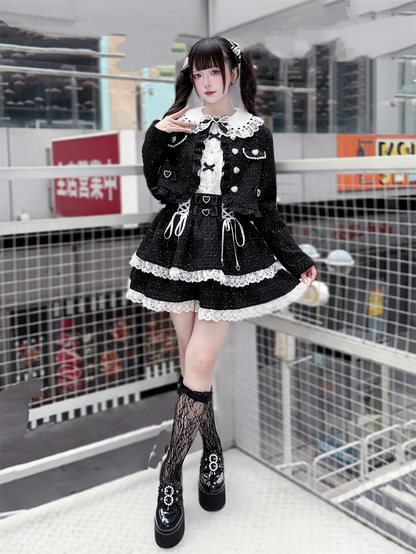White Kei Skirt Lace-Up Black with Tweed Jirai Trim Lace Detail Tiered