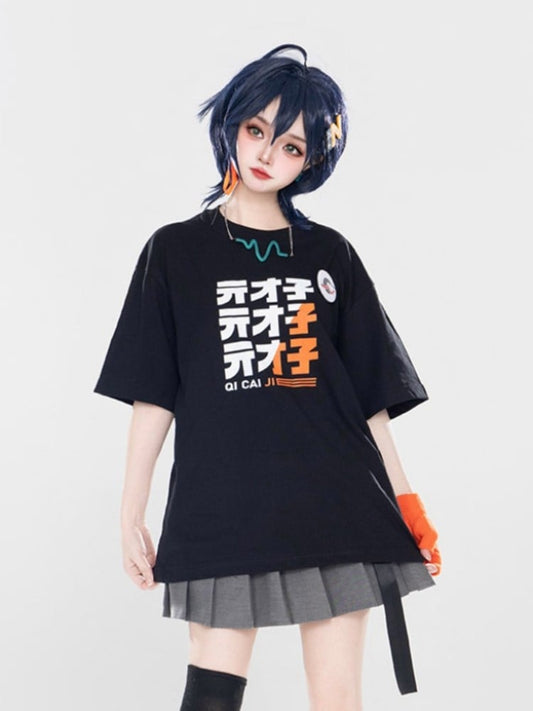 Gradient White Sleeve Short Print Top With Letter Orange Black