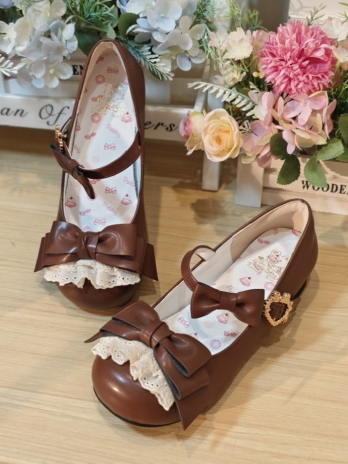 Toe Sweet Bows with Shoes Brown Jane Lolita Delicate Low-heel/Mid-heel Mary for Lace Round in
