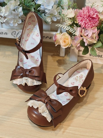 Toe Sweet Bows with Shoes Brown Jane Lolita Delicate Low-heel/Mid-heel Mary for Lace Round in