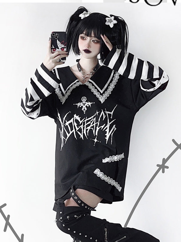 with in Sleeves Purple Pointed Black Top Graphic Contrast Striped White / Sailor Collar