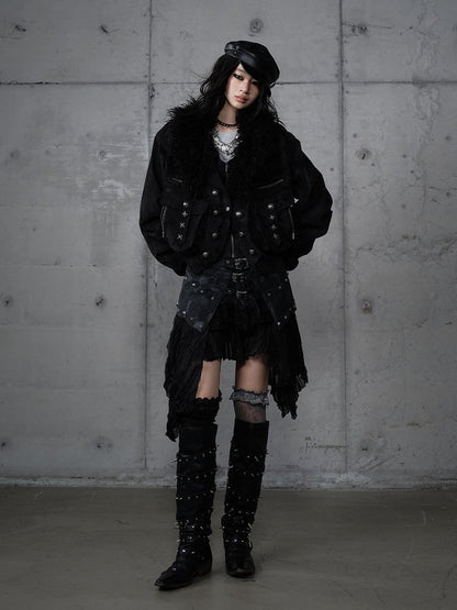 Faux Pockets Studded with Jacket Black Punk Collar Fur Suede Embellishments Detachable 3D