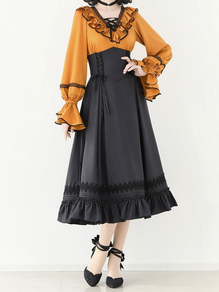 Pumpkin Orange Lace-up Structured Ruffles V-neck Long-Sleeve Blouse