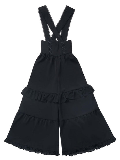Black Lace Details Ruffle Trim Overall Pants