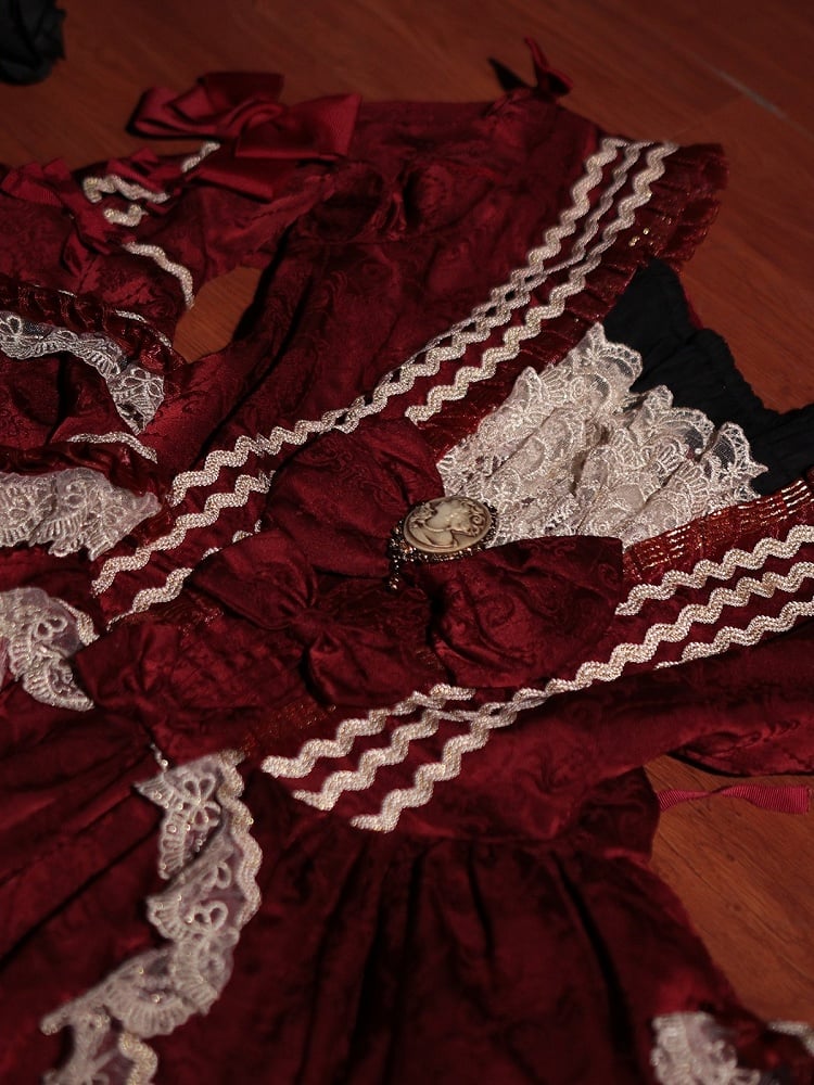 Elegant Classic Wine Red Lolita Dress with Bell Sleeves, Lace & Layered Ruffles - Strawberry Cocoa Lolita