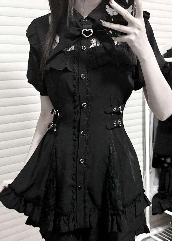 Black Buckles Matching Two-Piece Adjustable Kei Neckline Shorts Dress Waist Jirai Set: with Illusion