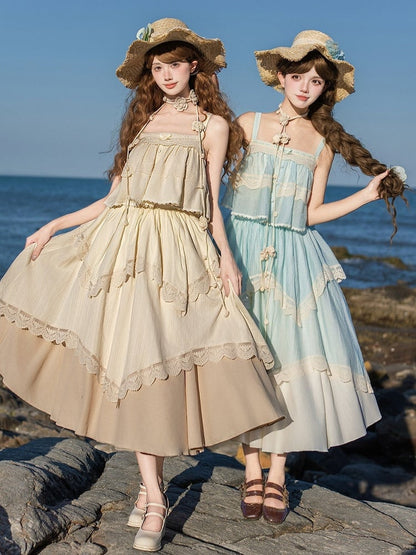 Beige Irregular Lace High-Waist Pleated Skirt - With PUJI
