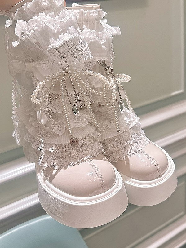 Lace Lolita Platform Elegant Boots Off-white Trim with