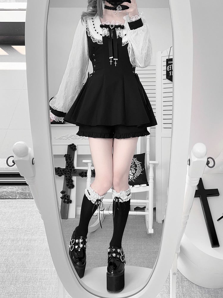 Kei Plaid Set: Matching Black Tie Jirai Shorts with Mini Dress Two-Piece Collar Beaded Waist / Side
