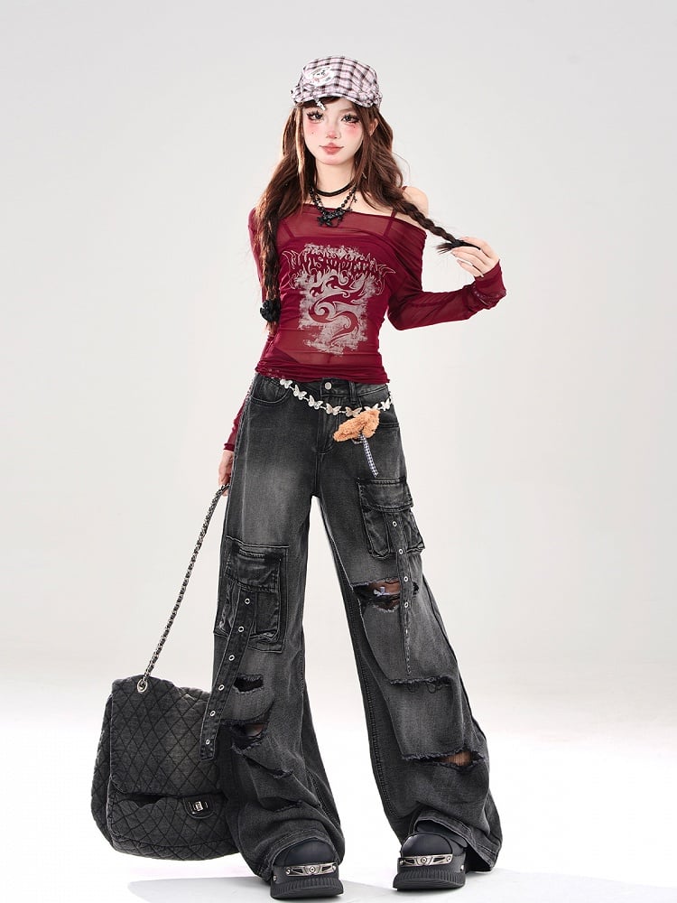 Set Red Sheer Off-Shoulder Sun Protection Top