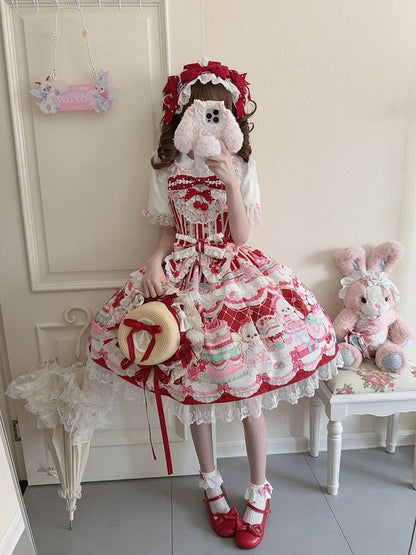 Crimson Bunny Cherry Print Sweet Lolita Jumper Dress - Miss Han