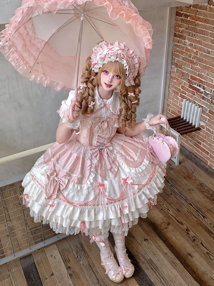 Schleifen Kleid Kette Weiß Sweet Lolita + Rosa Perle Verziert und