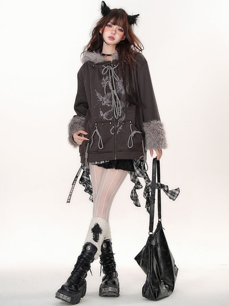 Dicker Kapuzenpullover mit Reißverschluss in Drachengrau, abnehmbare Kapuze