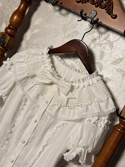 White Blouse Sleeves Puff Short Neckline Ruffle