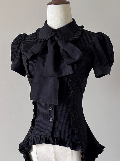 Black Neckline Lolita Sleeves Blouse Ruffle Gothic Stripe Puff and
