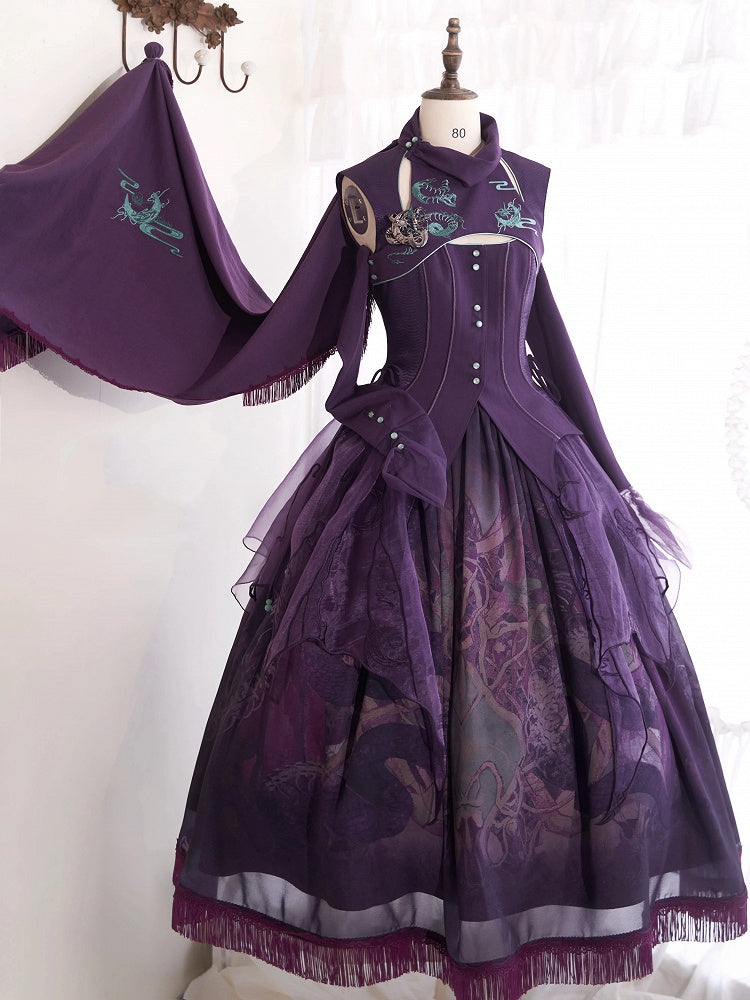 赤/黒/紫の龍と月の刺繍ショール