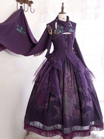 赤/黒/紫の龍と月の刺繍ショール