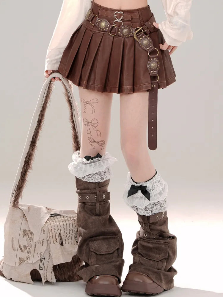 バックルプリーツストラップスカート ブラック/ブラウン