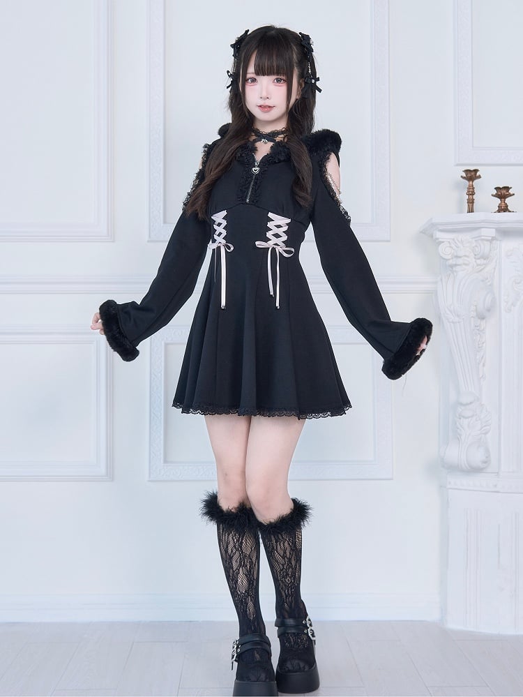 Shoulder Dress: Dark Elegance with Corset Beaded Lacing Jirai Black Hoodie Accents Kei Plush