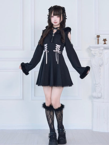 Shoulder Dress: Dark Elegance with Corset Beaded Lacing Jirai Black Hoodie Accents Kei Plush