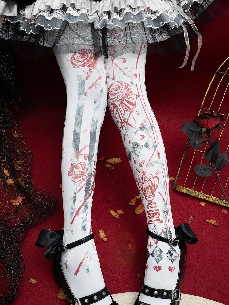 Asymmetrische Strumpfhose mit Blumenmuster in Weiß/Blau/Rot, Gothic