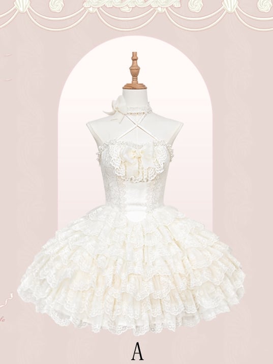 Cremiges Lolita-Kleid mit Jakobsmuschel-Rockbesatz, bestickt, Prinzessinnenkleid, gestuft