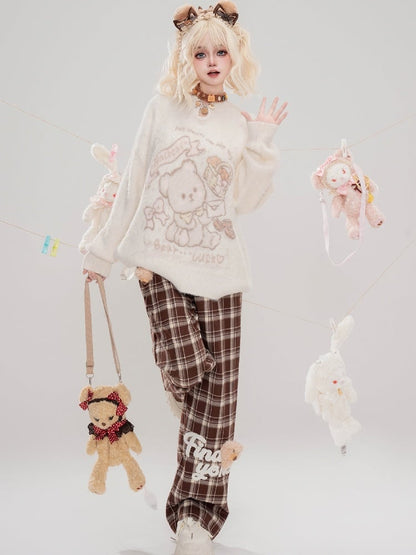 Süße, mit Bären verzierte, gerade geschnittene Hose in Kamelkaro