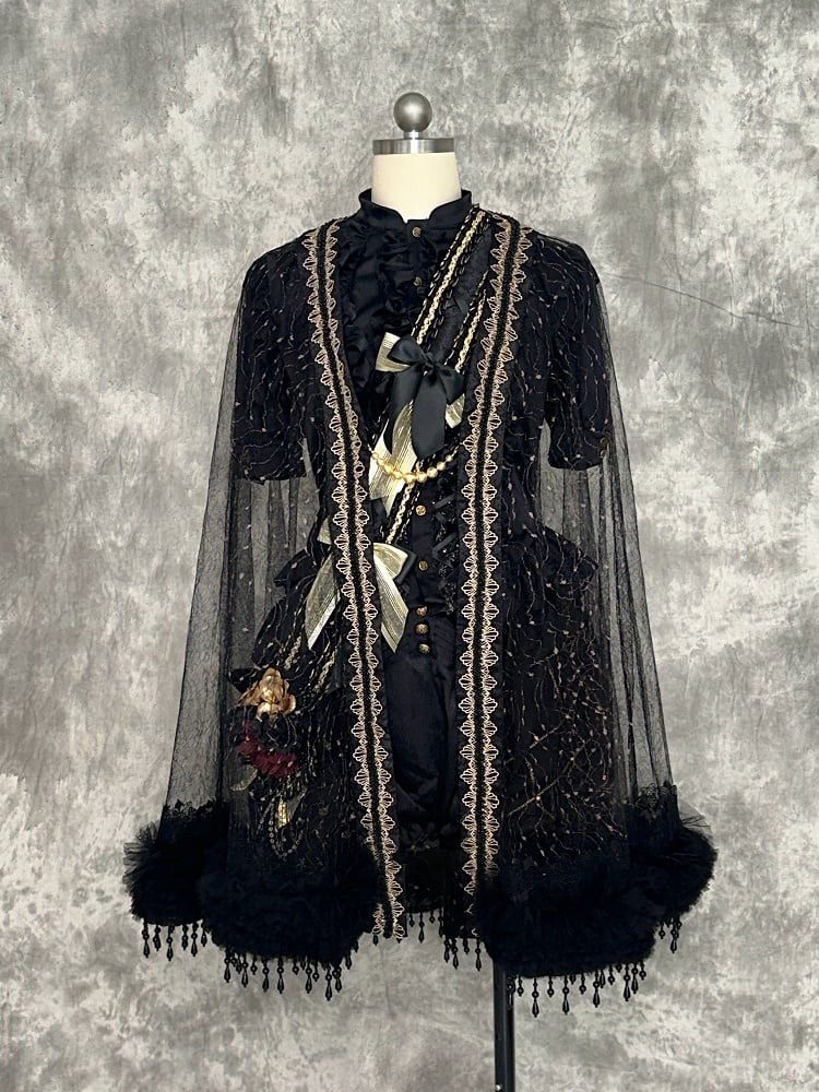 and Fringe Sheer Gold Tulle Black Beaded Cape Ouji with Lolita