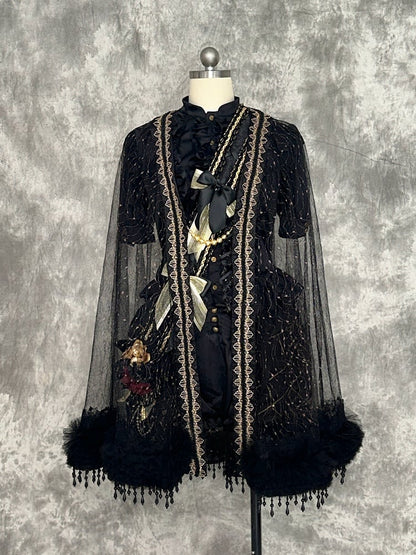 and Fringe Sheer Gold Tulle Black Beaded Cape Ouji with Lolita