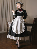 Maid Lolita Dress with Juliet Sleeves and Apron Waist in Black and White