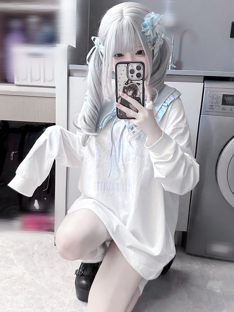 Jirai Kei – Schwarz-weißes Grafik-Top mit abnehmbarem Kragen