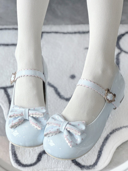 Round Lolita Bow Mary Blue in Jane Toe Polka Shoes 2.5cm Dot Bear PU Sweet with and Embellishment Buckle Charming