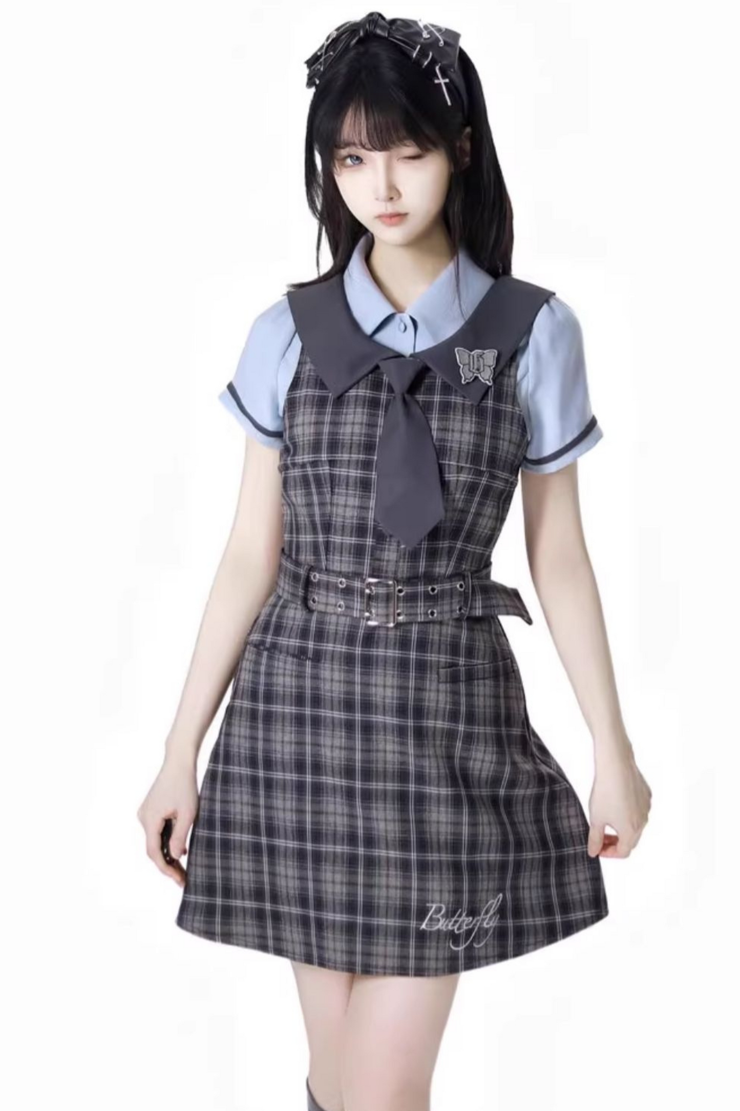+ カレッジショートサスペンダードレス、Bシャツスカート