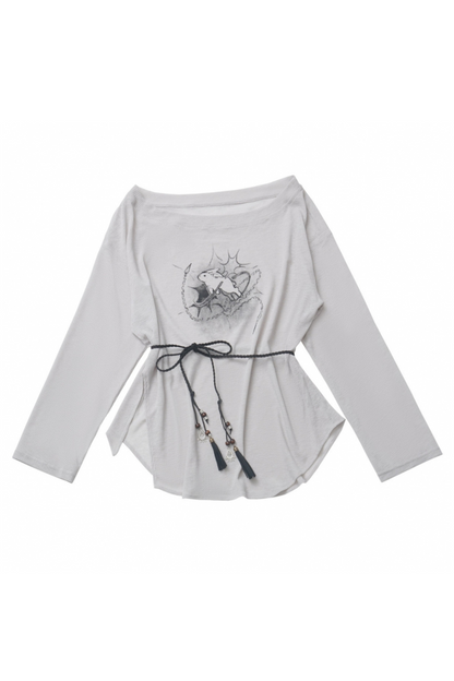 モードなトップスTシャツパンツワイド+デザインレースアップウエスト