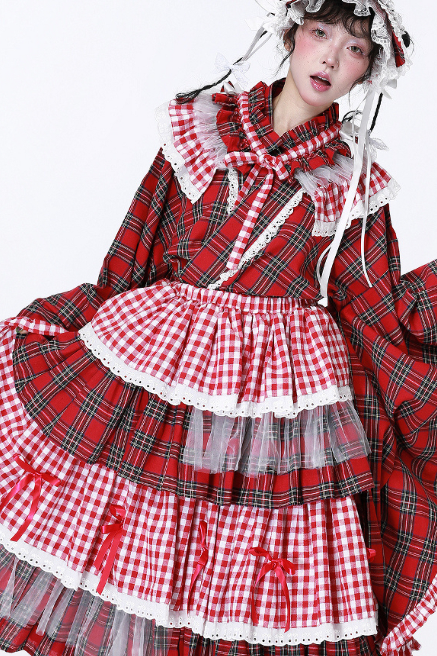 レッドシック着物レトロチェックスカート