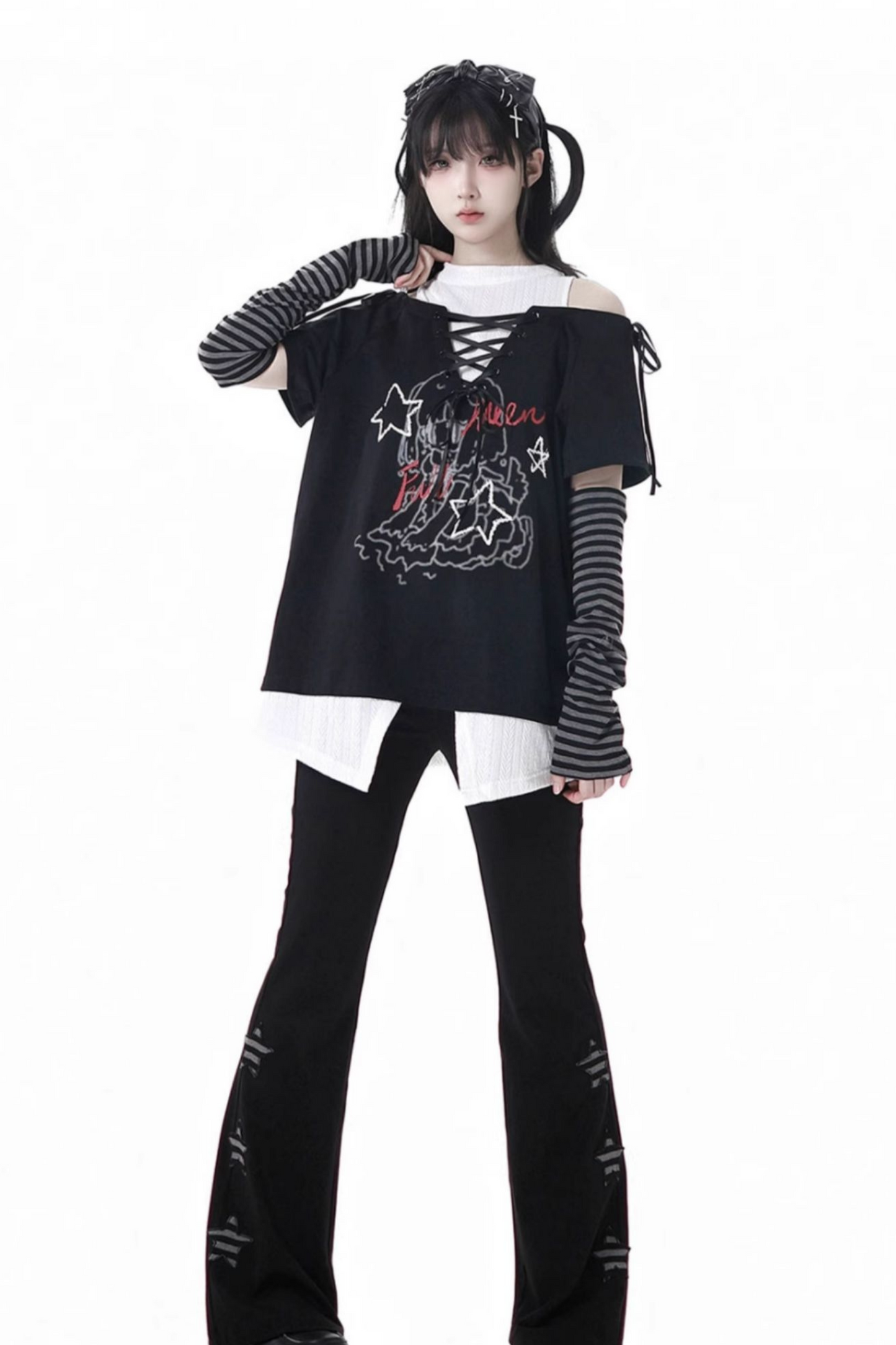 トップパンツイラスト + ガールサブカルチャーレースアップフレア