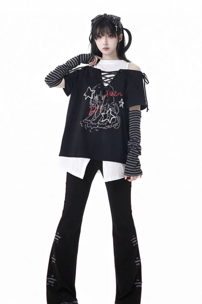 トップパンツイラスト + ガールサブカルチャーレースアップフレア