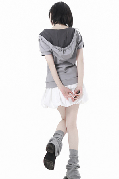 フード付きスカート レースアップトップス + ゆったりTシャツバルーン