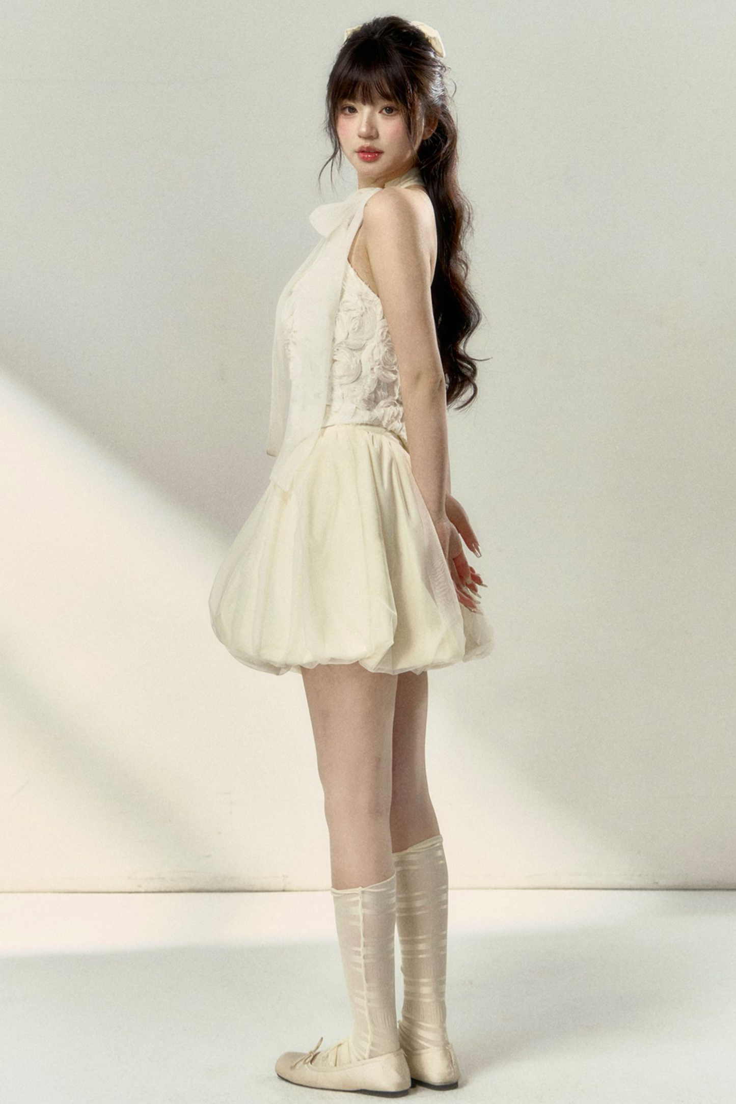 ロング丈＆スイートなノースリーブショートフラワーフレンチスカートバルーントップ