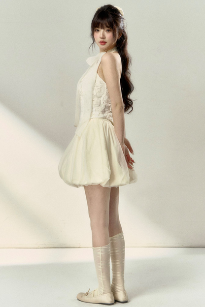 ロング丈＆スイートなノースリーブショートフラワーフレンチスカートバルーントップ