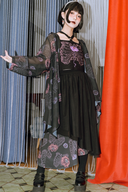 デザインアシンメトリーフローラルメッシュレイヤースカート