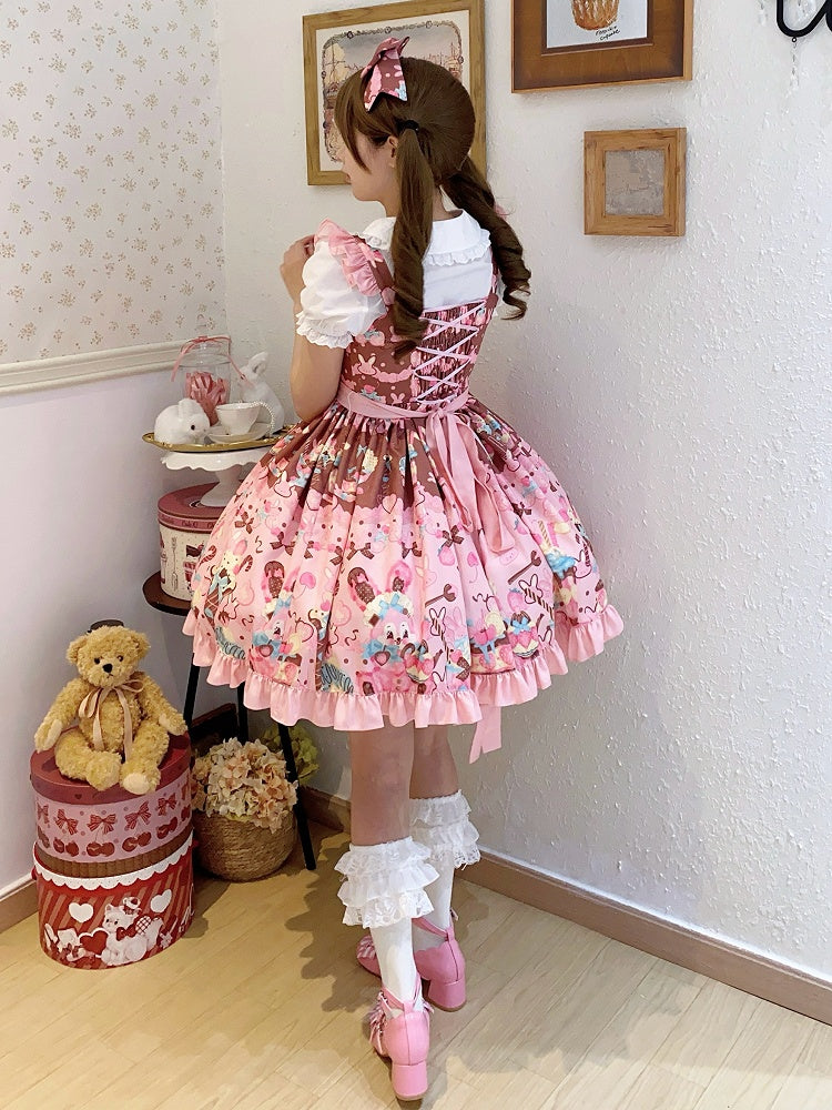 und Taille Rosa Süßes Lolita Bunny Kleid mit hohem Aufdruck Dessert