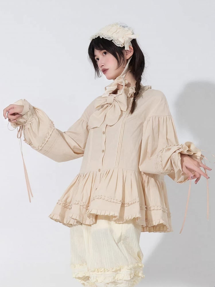 Drawstring Long-Sleeve Ruffled Loose Beige Blouse with Lolita Cuffs
