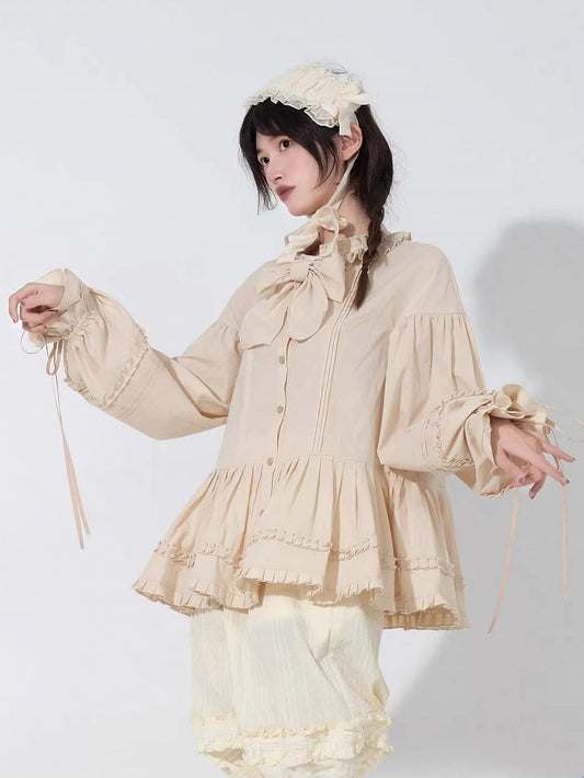 Drawstring Long-Sleeve Ruffled Loose Beige Blouse with Lolita Cuffs