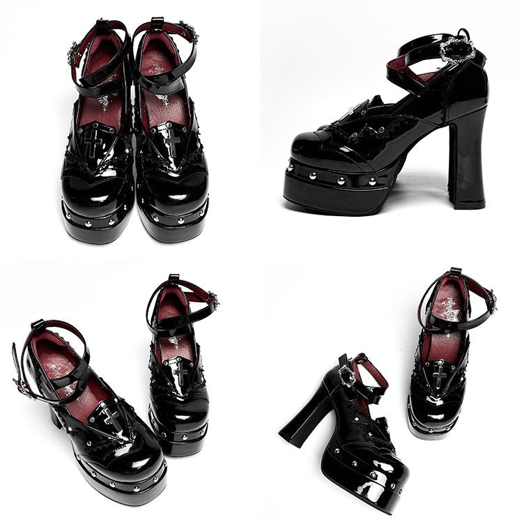 Block - High Coffin-shaped Gothic Platform Buckle Heels Polished Black